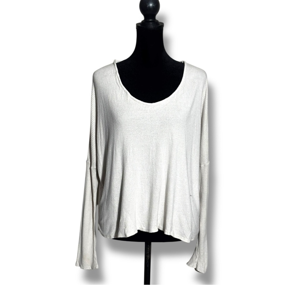 One Clothing Cream Thermal Knit Relaxed Fit Scoop Neck Comfy Long Sleeve Top